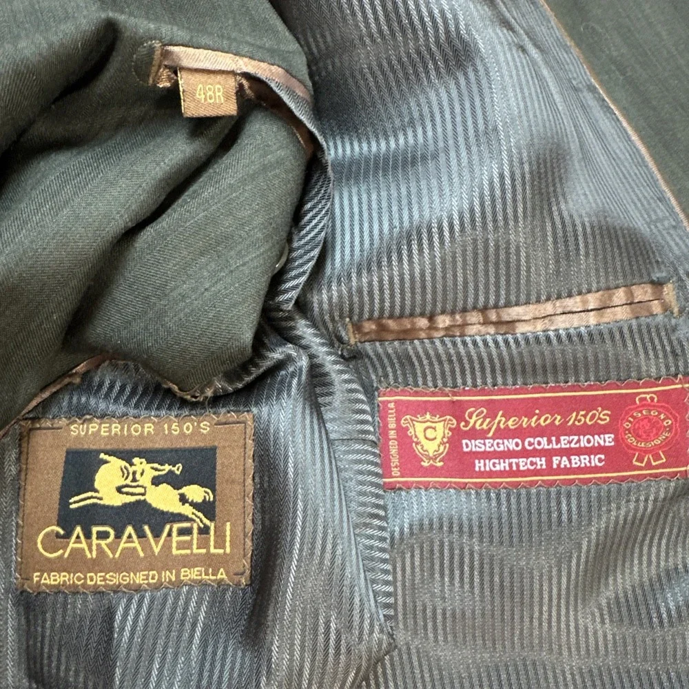 Caravelli Super 150's Suit 48R Green Stripe Jacket Pants 42 x 32 Poly Viscose